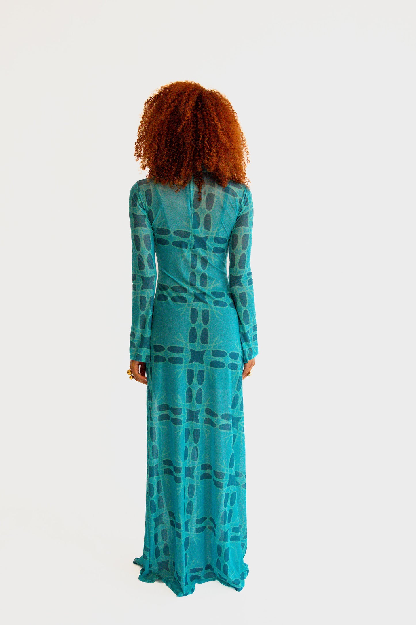 Queen Of Waves Teal Long Sleeve Maxi Mesh Dress