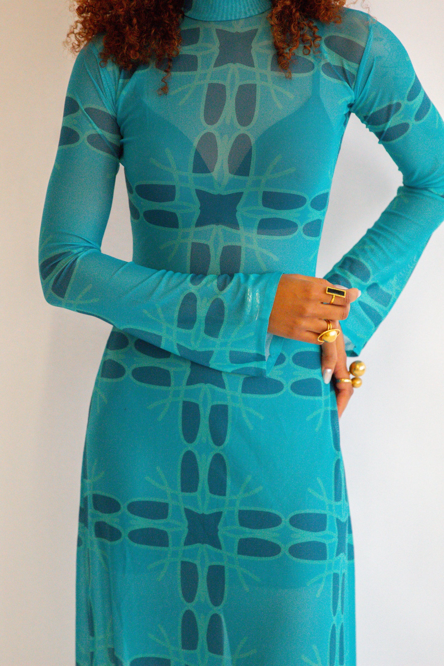 Queen Of Waves Teal Long Sleeve Maxi Mesh Dress