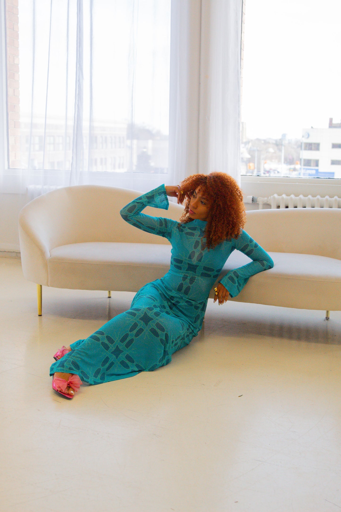 Queen Of Waves Teal Long Sleeve Maxi Mesh Dress