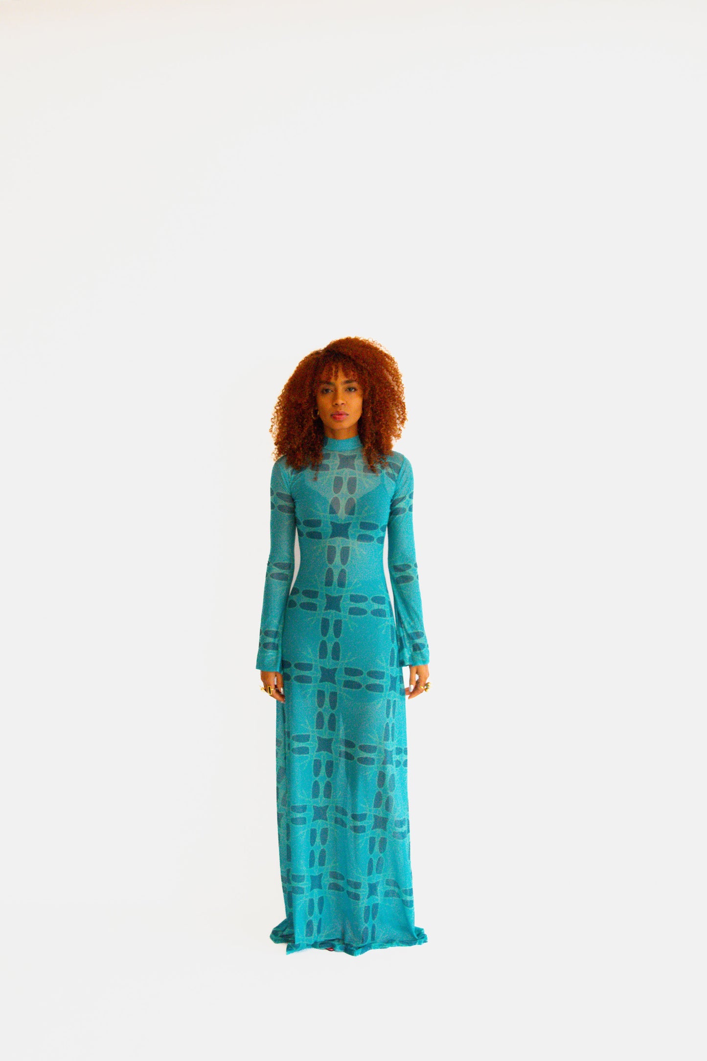 Queen Of Waves Teal Long Sleeve Maxi Mesh Dress