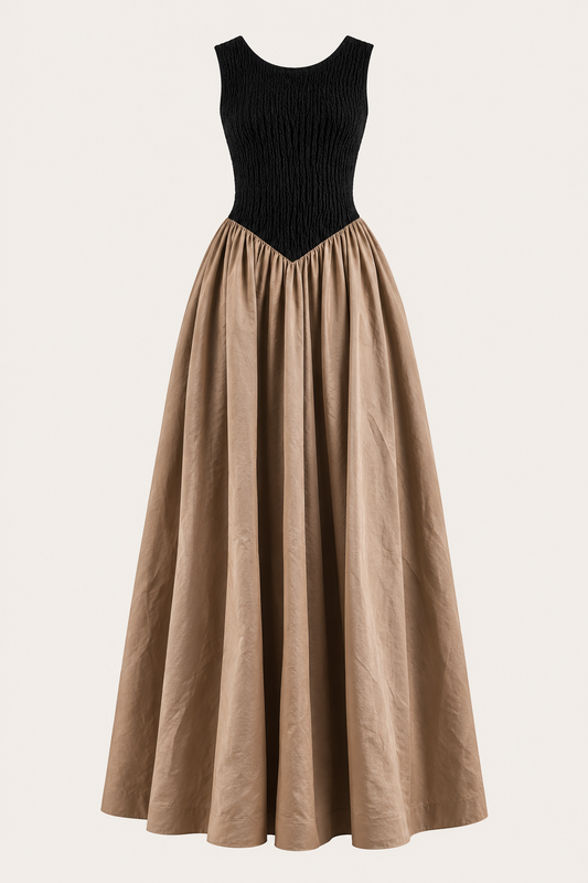 A sleeveless maxi dress with a black ribbed bodice and a full, flowing taupe-brown skirt, shown against a plain light background.